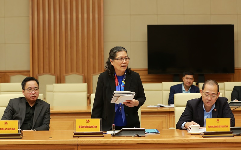Chủ tịch Hội Bảo vệ quyền trẻ em Việt Nam Nguyễn Thị Thanh Hòa phát biểu tại cuộc họp (nguồn baochinhphu.vn)